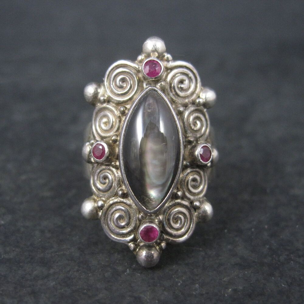 Vintage Sajen Black Mother of Pearl Ruby Ring Size 8